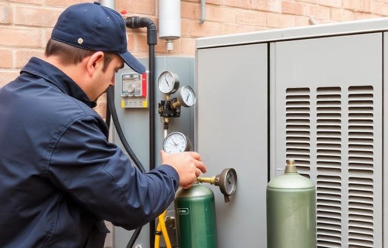Técnico realizando recarga de gás em ar-condicionado