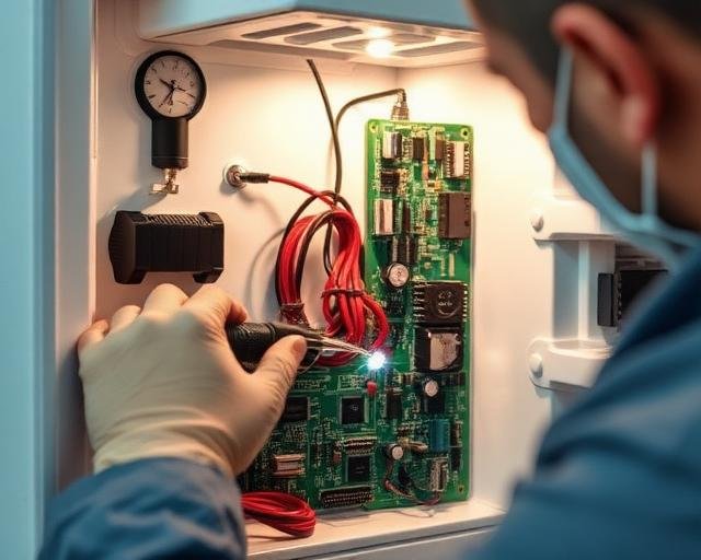 TÃ©cnico realizando conserto de placa eletrã´nica em geladeira em Sarandi