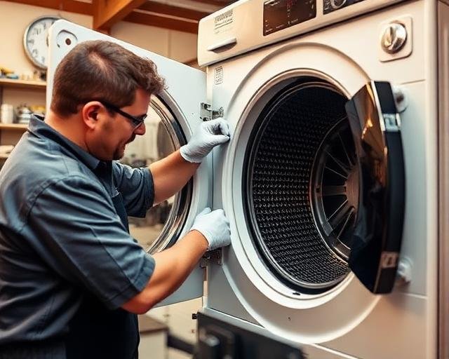 Técnico realizando conserto de secadora em Sarandi