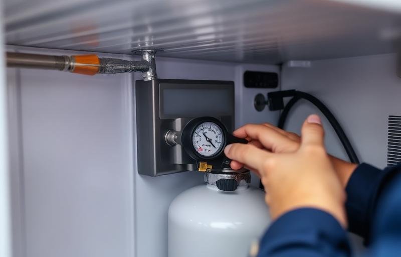 Técnico realizando recarga de gás em freezer