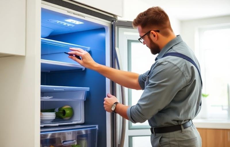 Técnico verificando geladeira que não está gelando