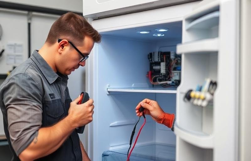 Técnico fazendo diagnóstico em geladeira que não liga