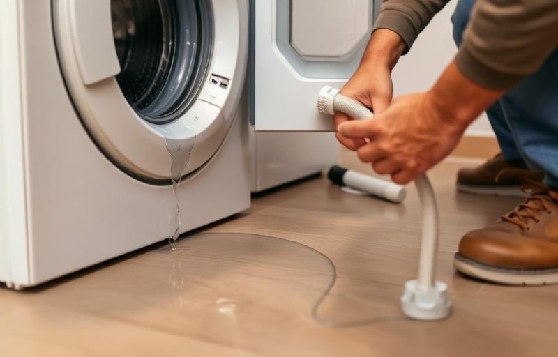 Técnico consertando vazamento em máquina de lavar