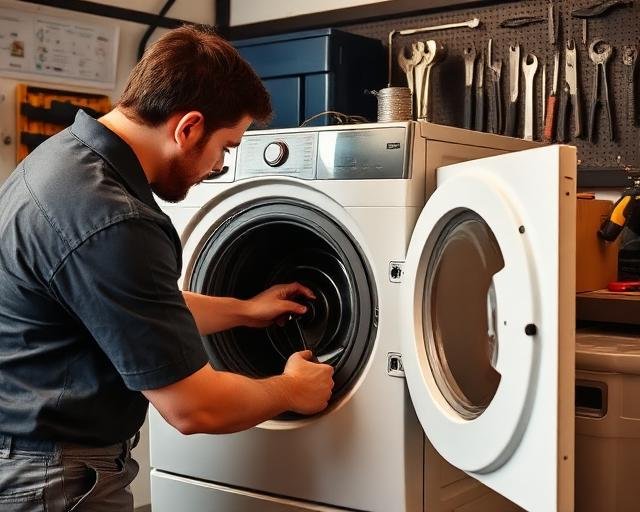 Técnico realizando manutenção de máquina de lavar em Sarandi
