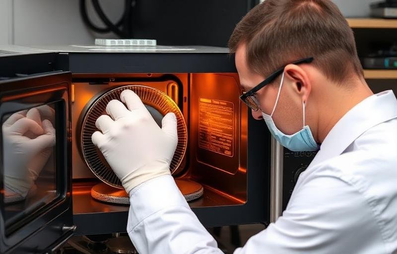 Micro-ondas sendo avaliado por técnico especializado