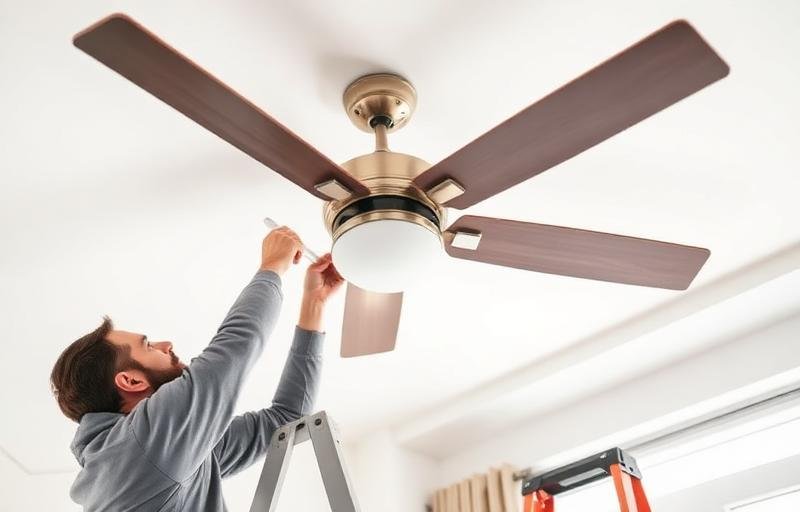 Ventilador de teto sendo consertado por técnico
