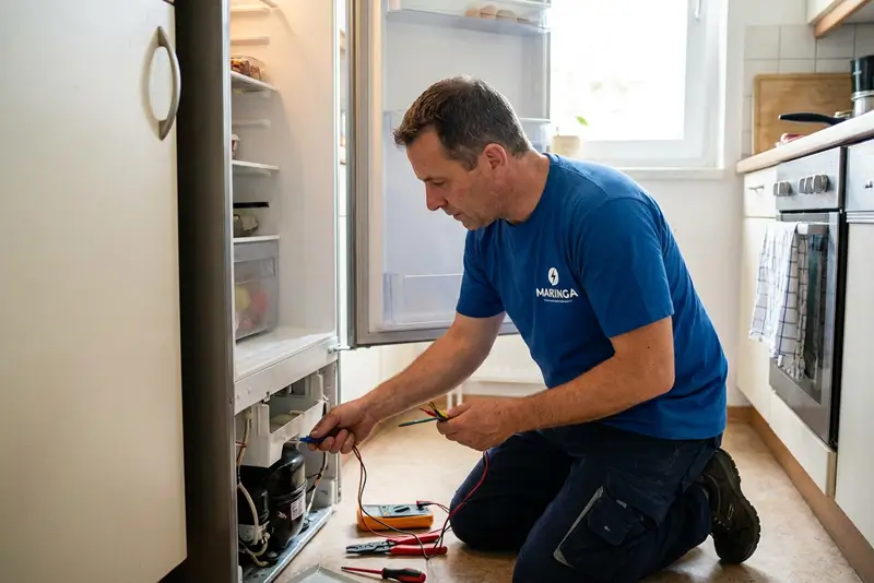 Técnico realizando reparos elétricos internos em geladeira